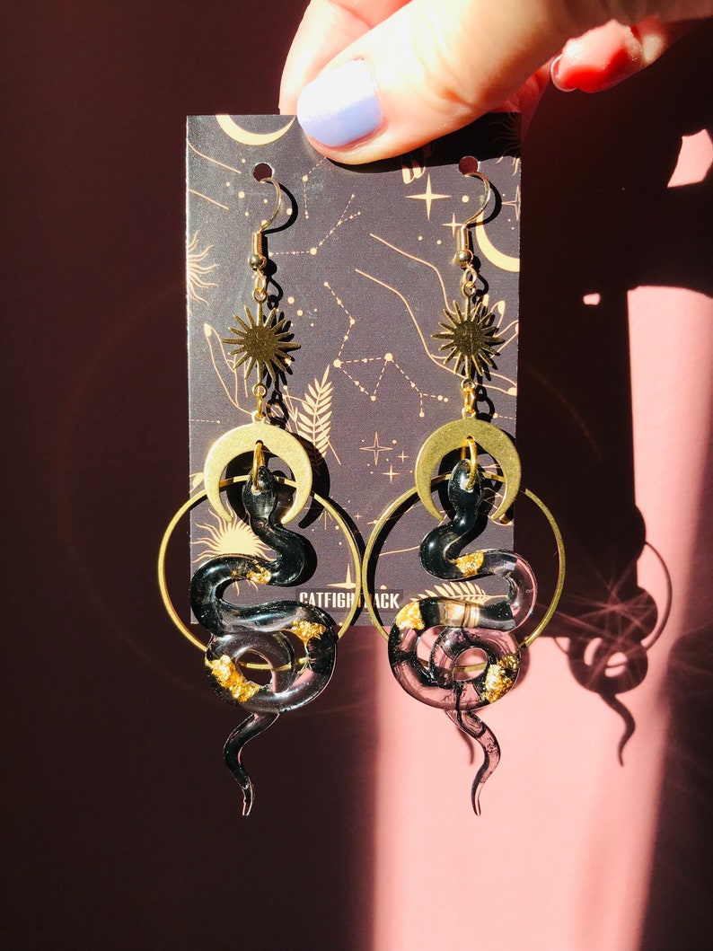 Snake Earrings, Serpent Earrings, Witchy Earrings, Statement Earrings, Dangle Earrings, Snake Jewelry, Sun and Moon, Celestial Earrings image 6