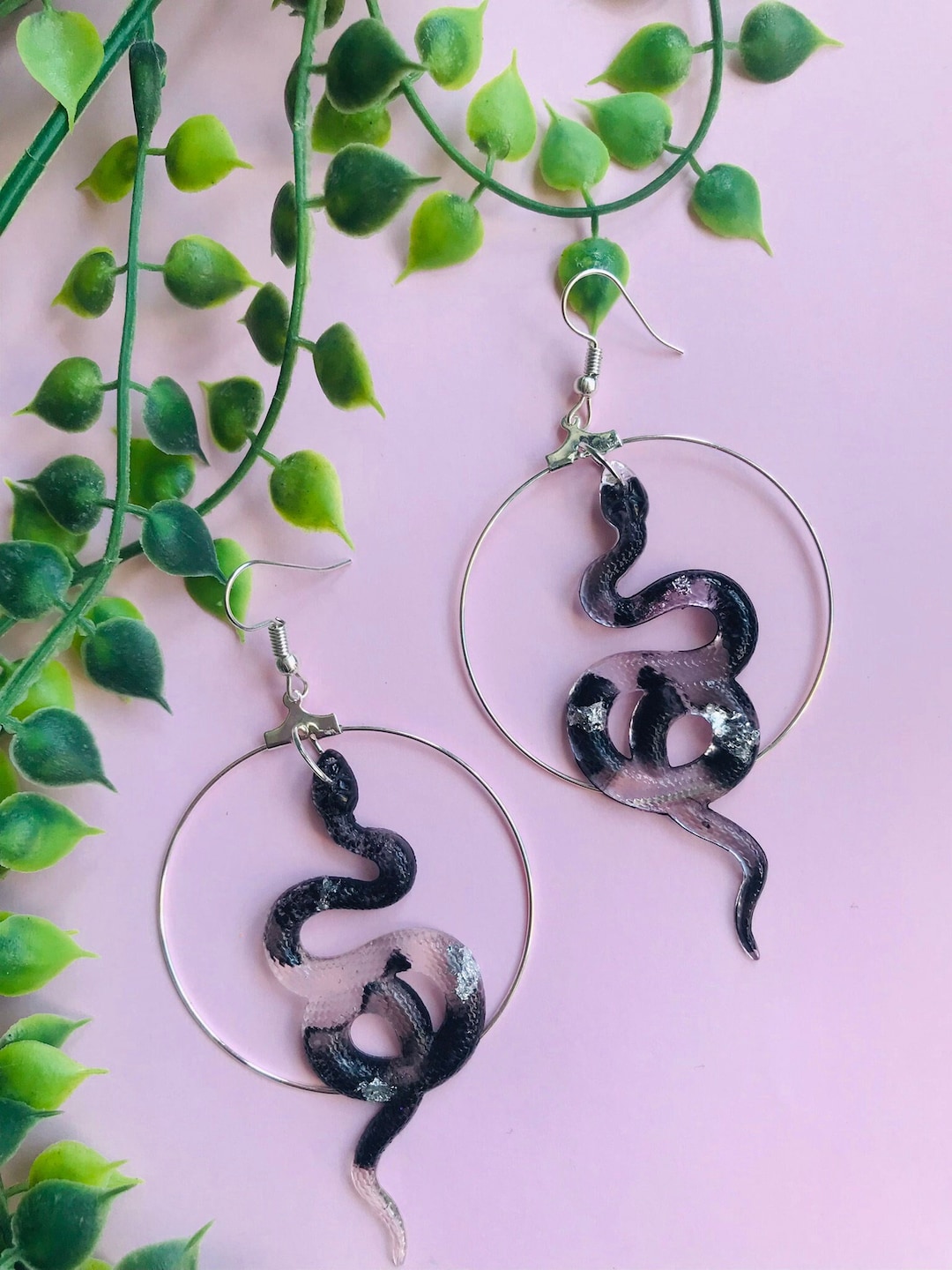 Black and Silver Snake Hoop Earrings With Scales, Serpent Earrings