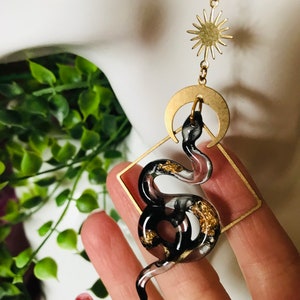 Black and Gold Snake Earrings, Serpent Earrings, Witchy Earrings, Statement Earrings, Snake Jewelry, Celestial Earrings, Celestial Earrings image 8