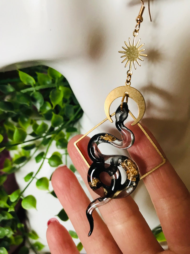 Black and Gold Snake Earrings, Serpent Earrings, Witchy Earrings, Statement Earrings, Snake Jewelry, Celestial Earrings, Celestial Earrings image 8