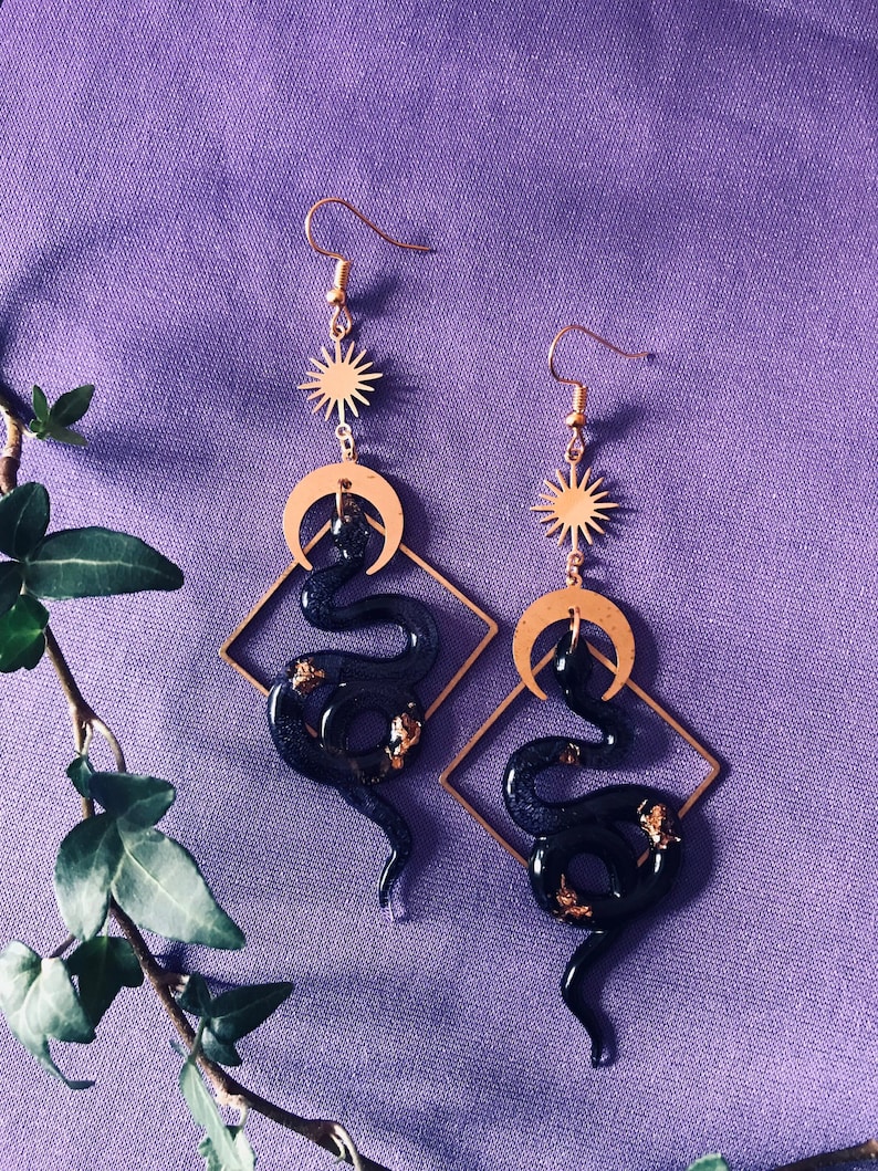 Black and Gold Snake Earrings, Serpent Earrings, Witchy Earrings, Statement Earrings, Snake Jewelry, Celestial Earrings, Celestial Earrings image 1