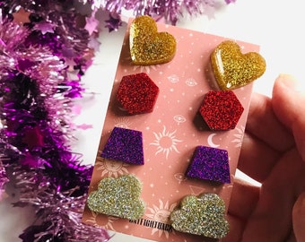 Earring Stud Set, Earrings Set, Glitter Earrings, Glitter Studs, Cute Earrings, Stud Earrings, Statement Earrings, Resin Studs