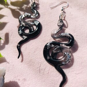 Black and Silver Snake Earrings without Scales, Serpent Earrings, Witchy Earrings, Statement Earrings, Dangle Earrings, Snake Jewelry image 6