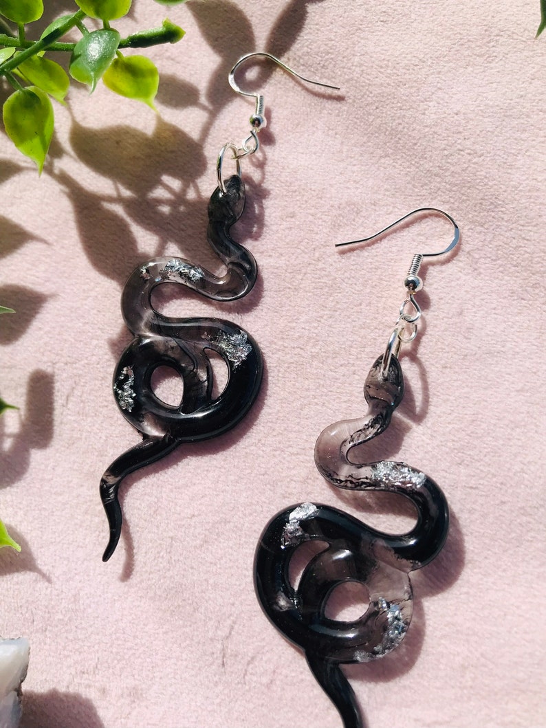 Black and Silver Snake Earrings without Scales, Serpent Earrings, Witchy Earrings, Statement Earrings, Dangle Earrings, Snake Jewelry image 7