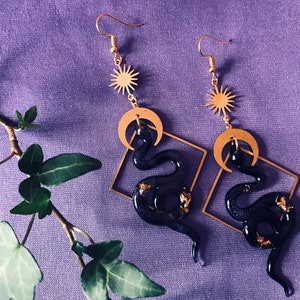 Black and Gold Snake Earrings, Serpent Earrings, Witchy Earrings, Statement Earrings, Snake Jewelry, Celestial Earrings, Celestial Earrings image 2