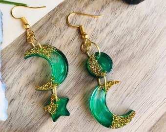 Green Moon Earrings, Celestial Earrings, Statement Earrings, Witchy Earrings, Pastel Earrings, Spring Earrings, Pastel Goth, Moon Jewelry