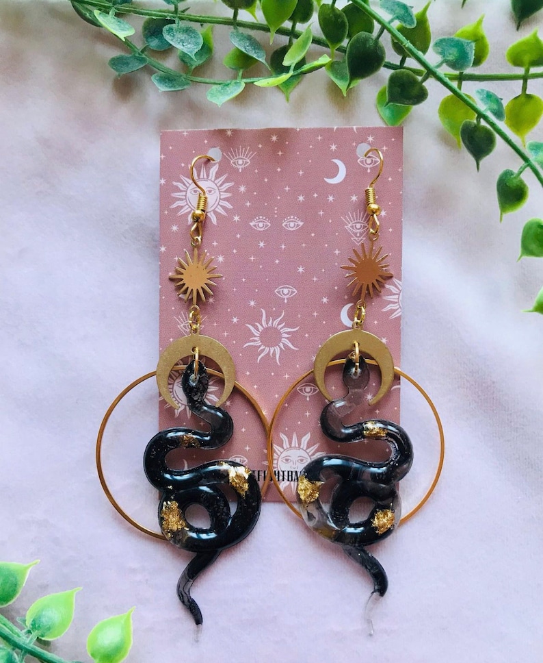 Snake Earrings, Serpent Earrings, Witchy Earrings, Statement Earrings, Dangle Earrings, Snake Jewelry, Sun and Moon, Celestial Earrings image 10