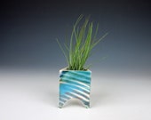 Three sided footed air plant holder, handmade pottery, slab built, colored slip - multi colors