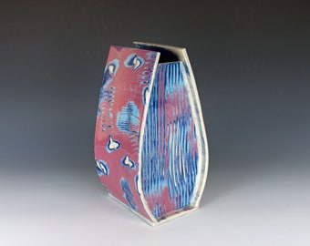 Ceramic vase, handmade pottery, porcelain, slab built, layered colored slip blues and pink