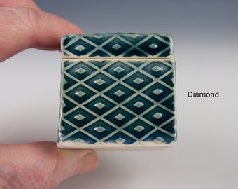 Small handmade ceramic box, teal blue, slab built, porcelain, various patterns