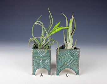 Footed three and four sided air plant holders, handmade pottery, slab built, seafoam green glaze, large leaf pattern