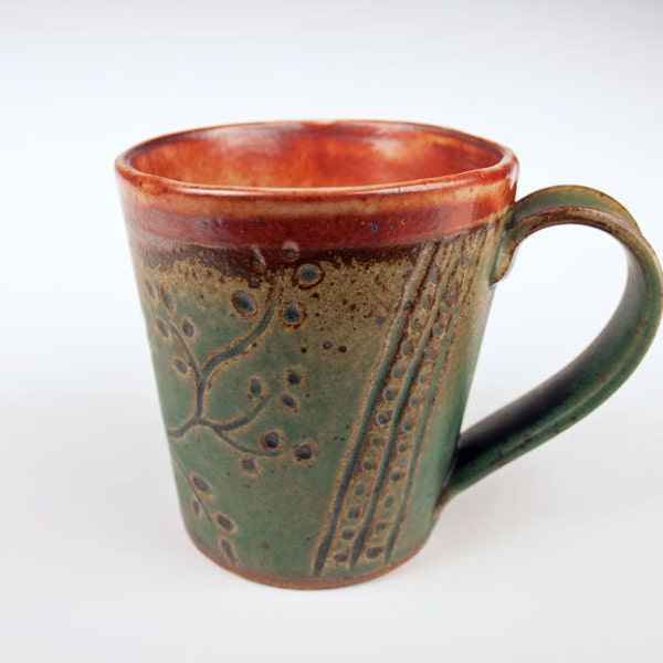 Small ceramic mug, green and orange, hand carved, handmade, slab built, stoneware