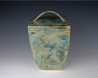 Slab-built ceramic container, light green with indigo pigment under, light stoneware, handmade pottery, dragonfly stamped