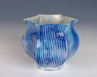 Six-sided ceramic vase, handmade pottery, porcelain, slab built, layered colored slip blues and pink