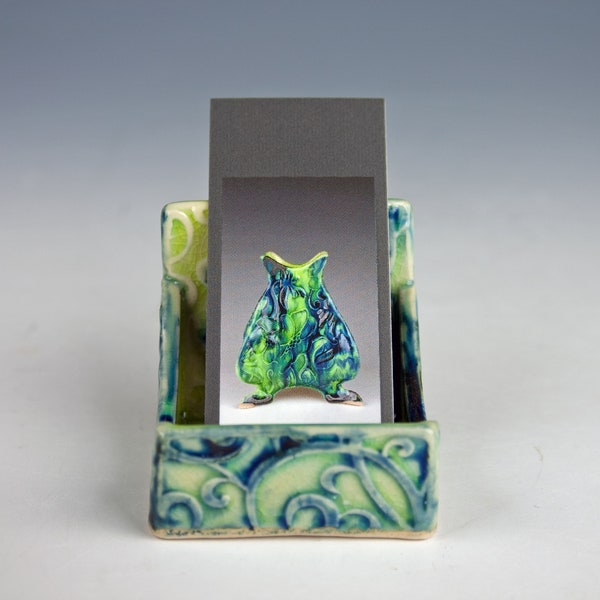 Handmade ceramic business card holder, for Moo mini cards, slab built, porcelain, chartreuse and indigo, swirly pattern