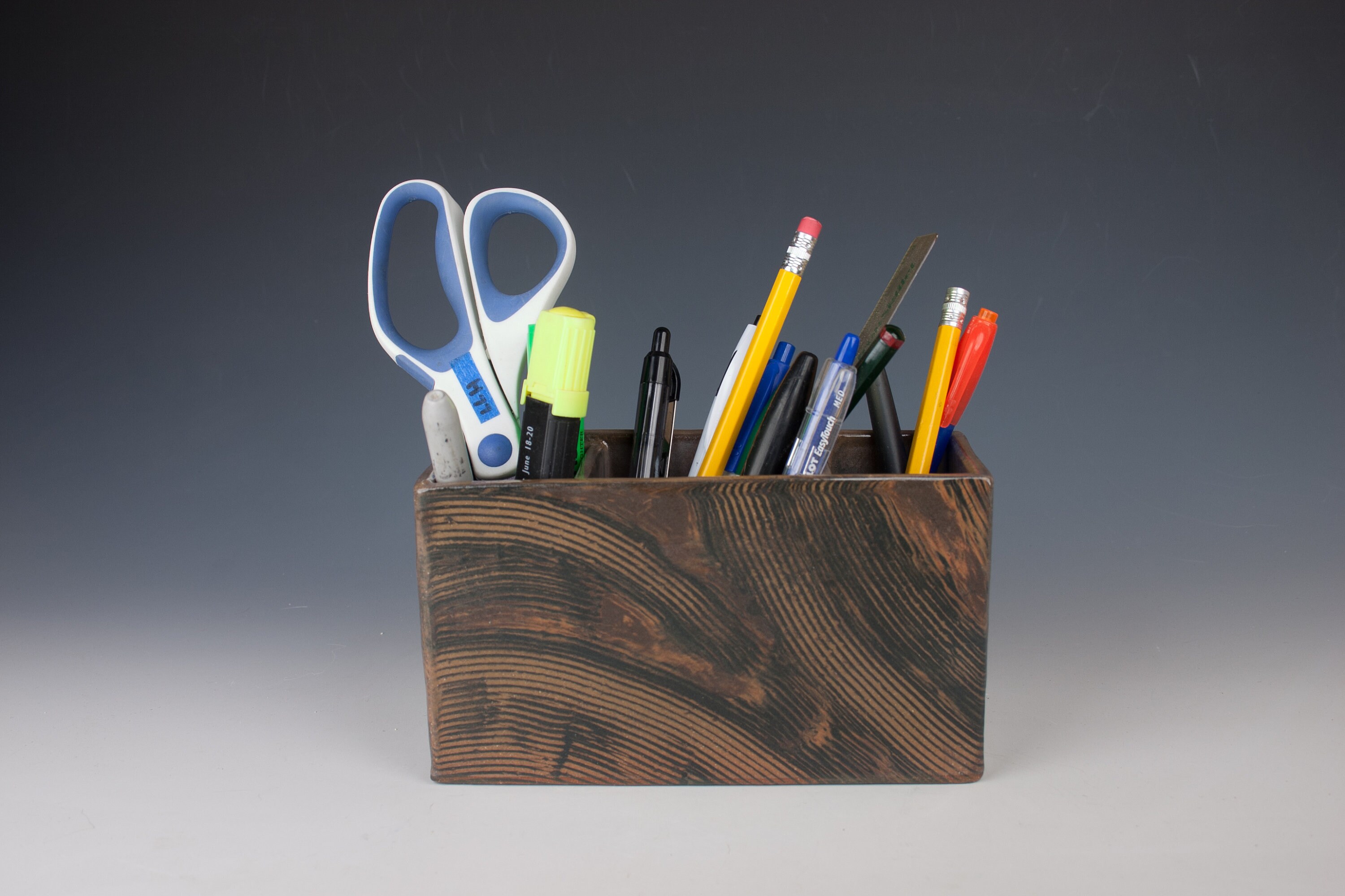 Handmade ceramic pencil holder with dividers brown and black Etsy
