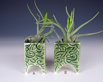 Footed three and four sided air plant holders, handmade pottery, slab built, semi-matte green glaze, large flower pattern