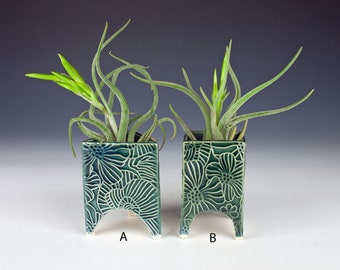 Footed three and four sided air plant holders, handmade pottery, slab built, teal blue glaze, poppy flower pattern