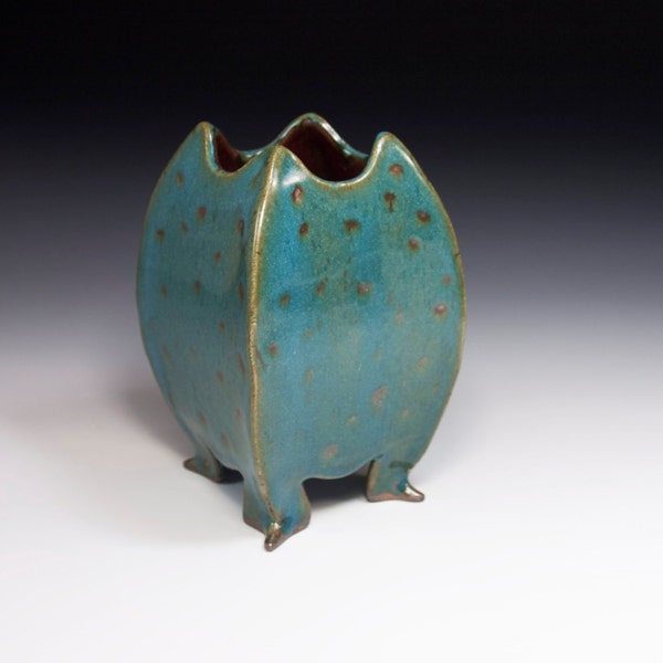 Blue vase with feet, handmade, stoneware, pottery, ceramic, slab built