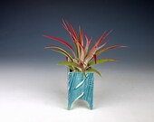 Four sided footed air plant holder, handmade pottery, slab built, peacock and bermuda layered colored slip