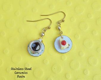 Teacup and Cake Ceramic Porcelain Gold Mismatched Earrings