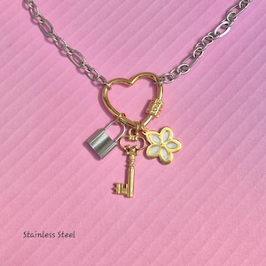 Gold Silver HEART CARABINER Multi-Charm Necklace