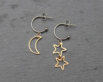 MOON and STARS Hoops Mismatched Earrings