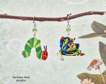 Caterpillar and Butterfly Insect Nature Story Book Mismatched Earrings