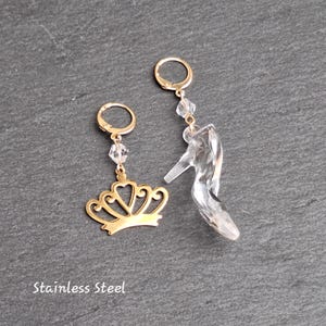 CINDERELLA Mismatched Earrings Glass SLIPPER and Golden CROWN Stainless Steel