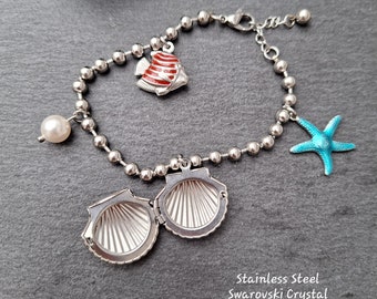 PEARL SHELL LOCKET Charm Bracelet Starfish Mermaid Crystal