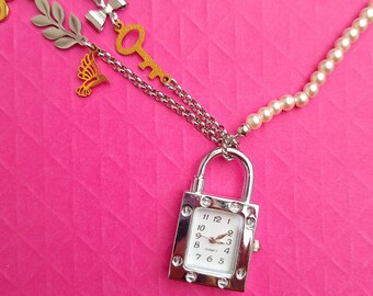 Watch Pendant Charm Pearl Necklace