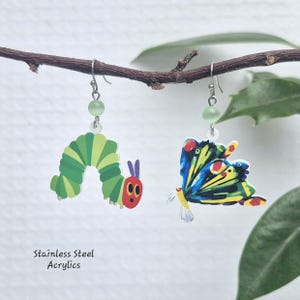 Caterpillar and Butterfly Insect Nature Story Book Mismatched Earrings