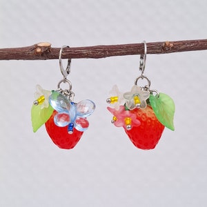 STRAWBERRY Earrings FLOWERS Fruit Mismatched Asymmetric Earrings