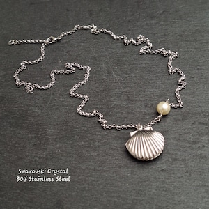 Pearl and Shell LOCKET Mermaid Silver Necklace Swarovski Crystal