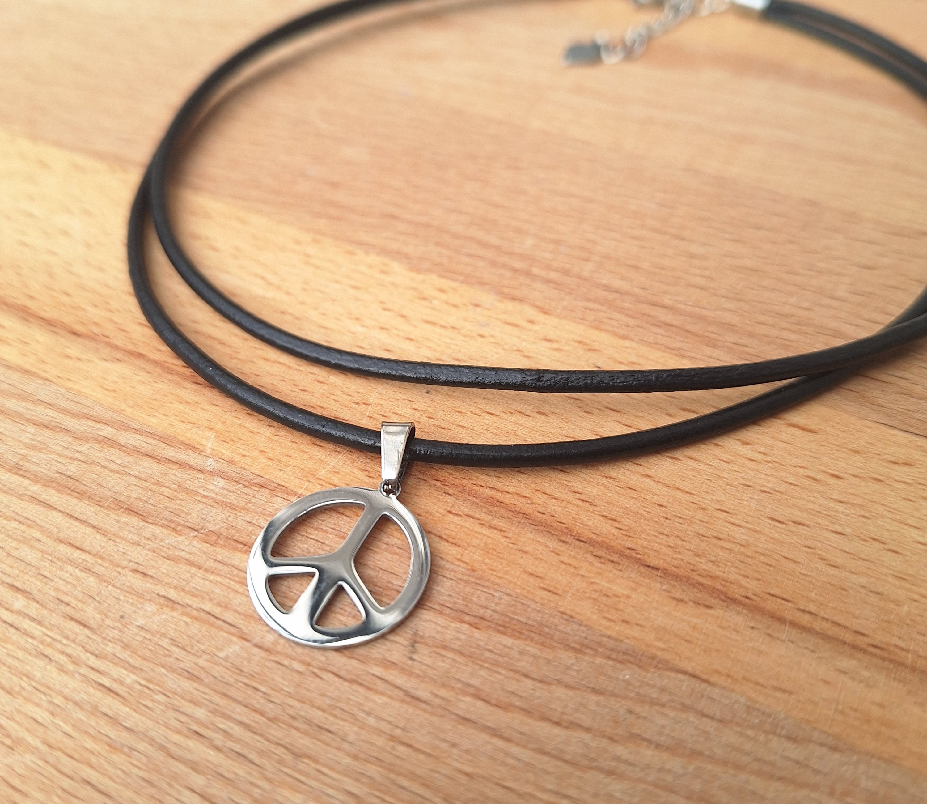 Thin Leather Chokers Black/black Dainty Choker With Silver Pendant/chokers  for Women/ 90s Fashion /peace Sign/peace Pendant 