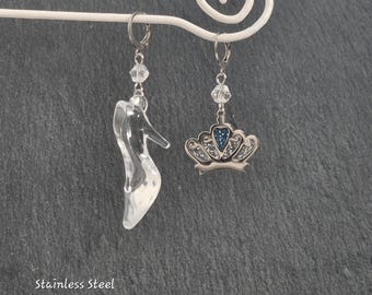Cinderella Glass Slipper Crown Mismatched Earrings Stainless Steel
