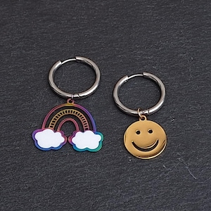 Smiley Face Emoji Rainbow Emoji  Silver Hoops Mismatched Earrings