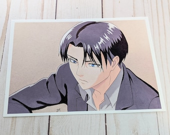 May include: A print of a cartoon character with dark blue hair and blue eyes, wearing a dark blue suit jacket and a white shirt. The character is looking down and to the left.