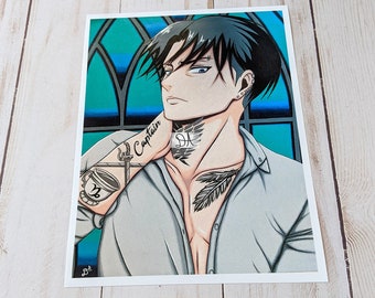 May include: A digital illustration of a man with dark hair and blue eyes. He is wearing a gray shirt and has several tattoos on his arms and neck. The text "Captain" is tattooed on his arm. The background is a blue and green stained glass window.