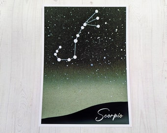 Scorpio Glossy Print 5x7 Zodiac Constellation with Power Colors Background Stars Sign Art Print Scorpius Black