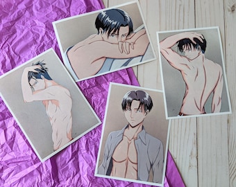 May include: Four different prints of a shirtless anime character with black hair. The character is shown in different poses, including looking down, looking straight ahead, and with his back to the camera. The prints are on a white background.