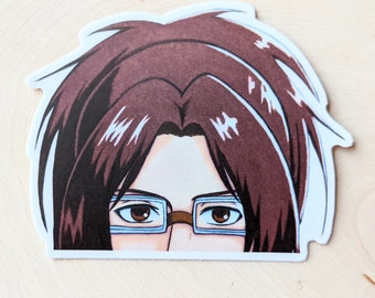 Puede incluir: Una pegatina de un personaje de dibujos animados con cabello castaño, que lleva gafas y mira por encima de ellas.