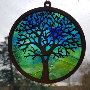 Tree suncatcher glass Stunning gift stained glass and wood suncatcher  unique  special art pretty colourful unusual lightcatcher present