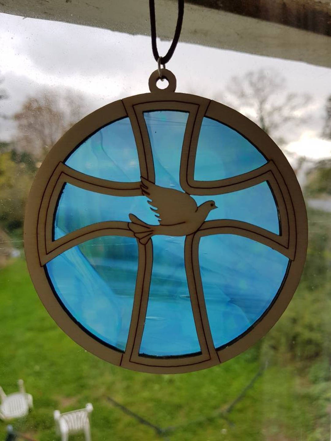 Christian Cross and Dove of Peace Stained Glass and Wood Sun Catcher ...