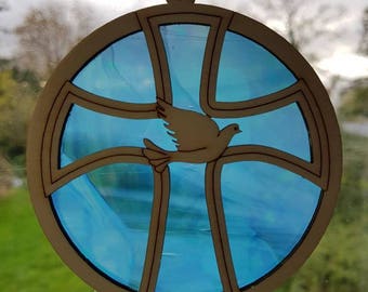 Christian cross and dove of peace stained glass and wood sun catcher/window hanger