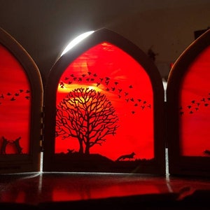 Glass birds triptych,Stunning starlings stained glass and wood murmuration triptych, flock of birds, fox, hares, tree