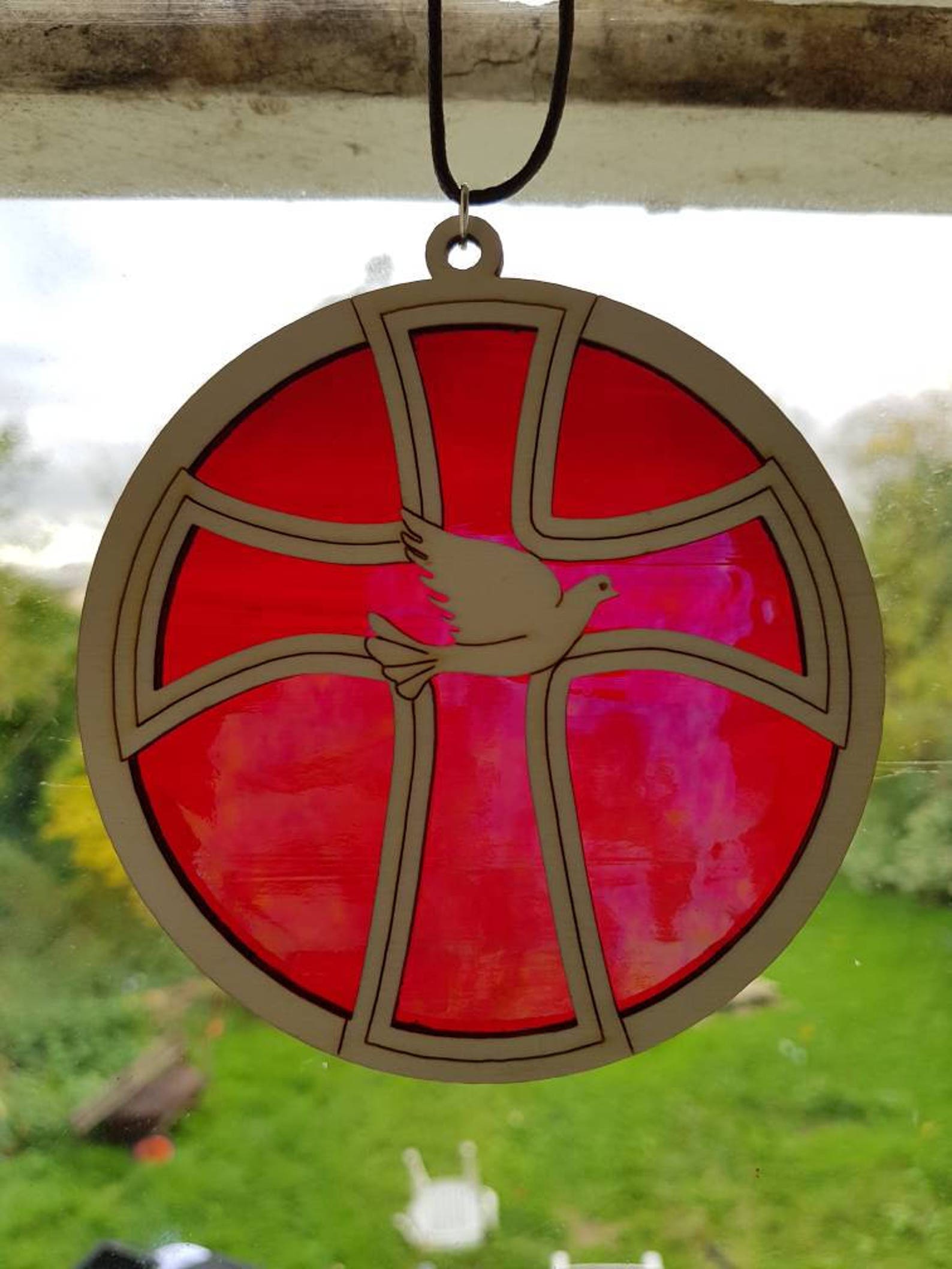 Christian Cross and Dove of Peace Stained Glass and Wood Sun Catcher ...