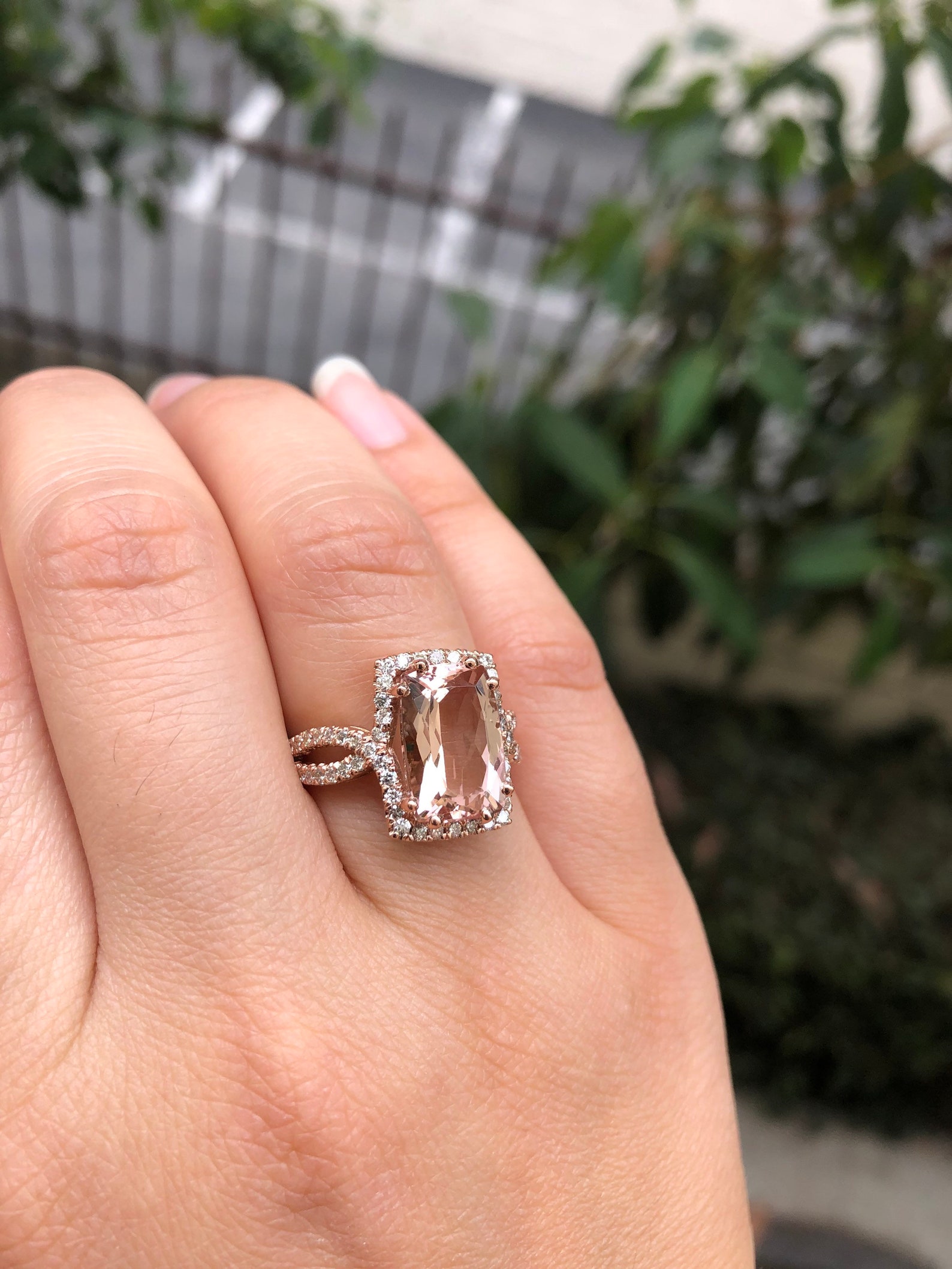 14K Rose Gold Engagement Ring With Cushion Morganite & Champagne/White Diamonds, Size 7