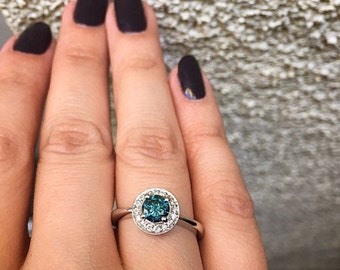 Blue and White Diamond Ring in 14K White Gold