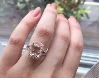 14K White Gold, Rose Gold Cushion Cut Morganite and Diamond Halo Ring
